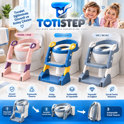 TOTİSTEP-Çocuk Tuvalet Eğitim Lazımlığı- Kendinden Basamaklı Katlanır Klozet Adaptörü,Hazneli Lazımlık