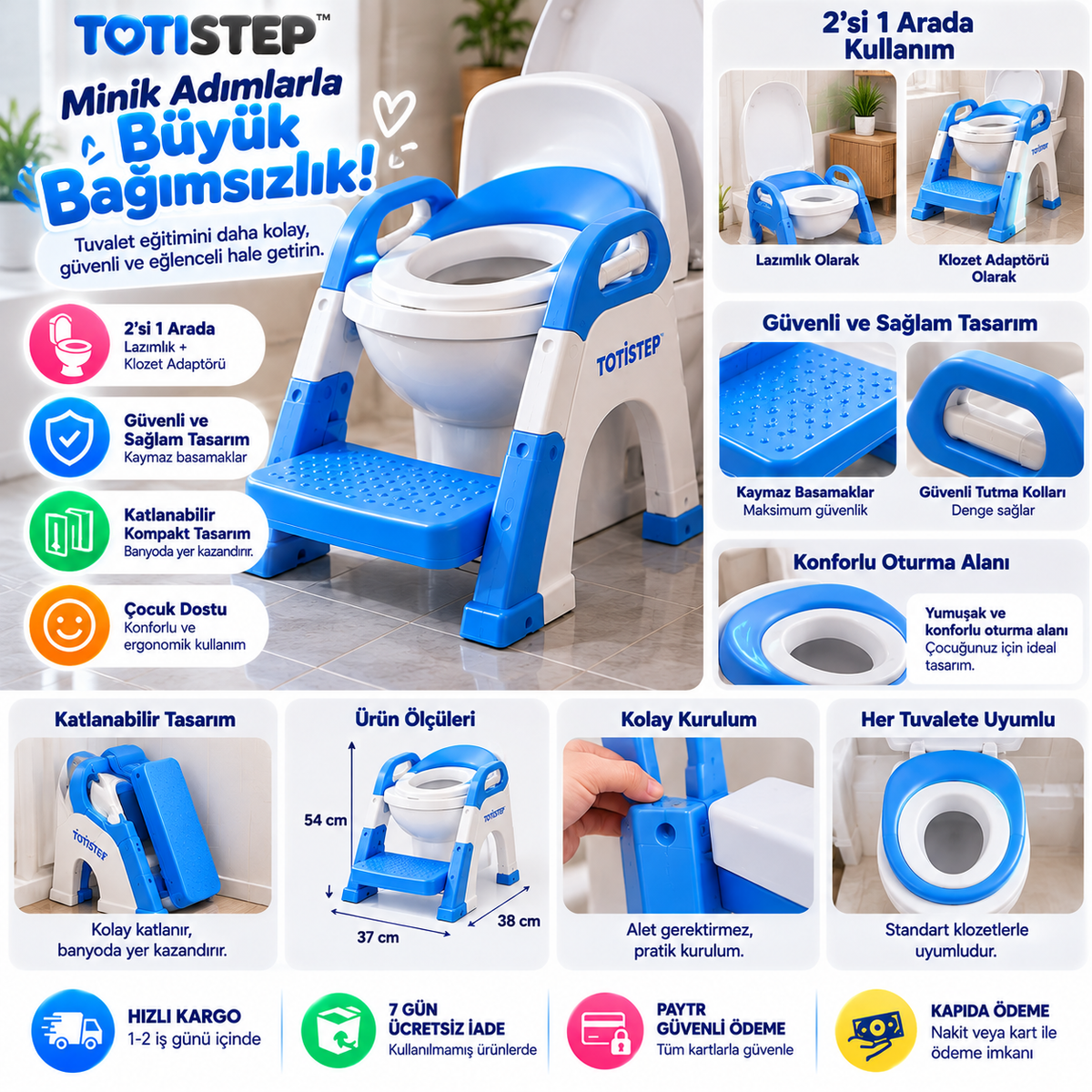 TOTİSTEP-Çocuk Tuvalet Eğitim Lazımlığı- Kendinden Basamaklı Katlanır Klozet Adaptörü,Hazneli Lazımlık