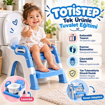 TOTİSTEP-Çocuk Tuvalet Eğitim Lazımlığı- Kendinden Basamaklı Katlanır Klozet Adaptörü,Hazneli Lazımlık