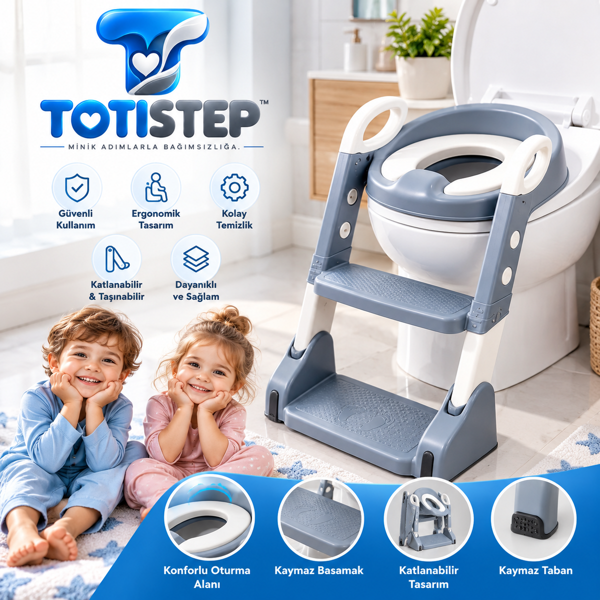TOTİSTEP-Çocuk Tuvalet Eğitim Lazımlığı- Kendinden Basamaklı Katlanır Klozet Adaptörü,Hazneli Lazımlık